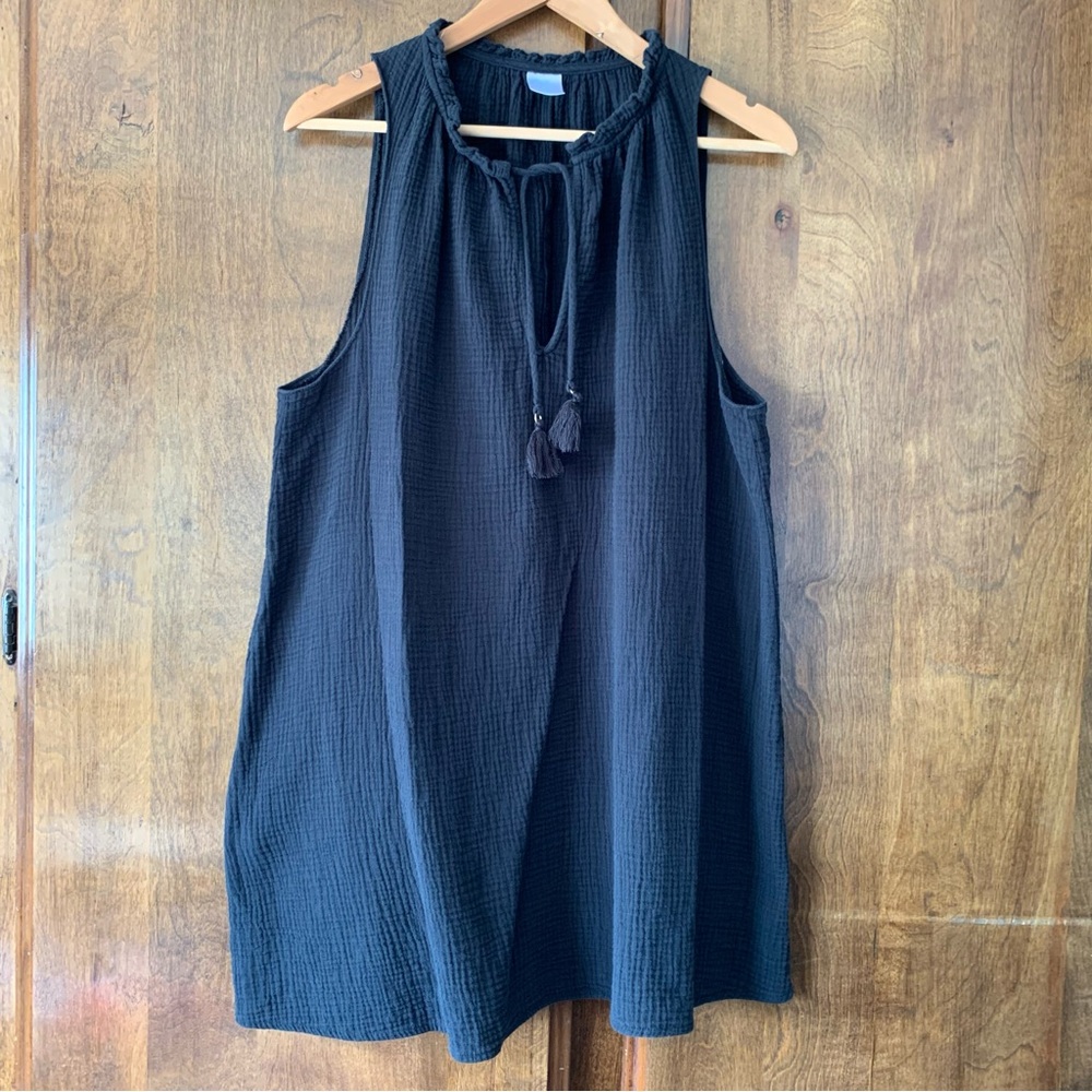 Kona Sol Sleeveless Black Textured Tassel Tie Cover Up Dress